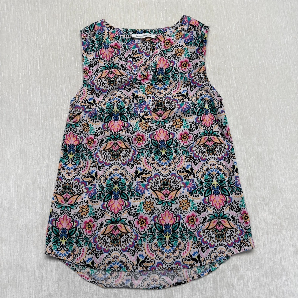 Emily Daniels Linen Blend Floral Tank Top Women PS Pink Green V-Neck Resort Wear